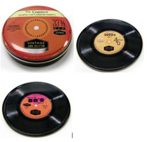 Vintage Audio - Set of 6 tin Coasters ( with cork backing) in storage tin